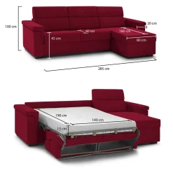 Divano Letto con Penisola Rosso Sfoderabile Contenitore 285x160 cm, Idrorepellente Multiposizione Trasformabile in Letto Made in Italy - Esca