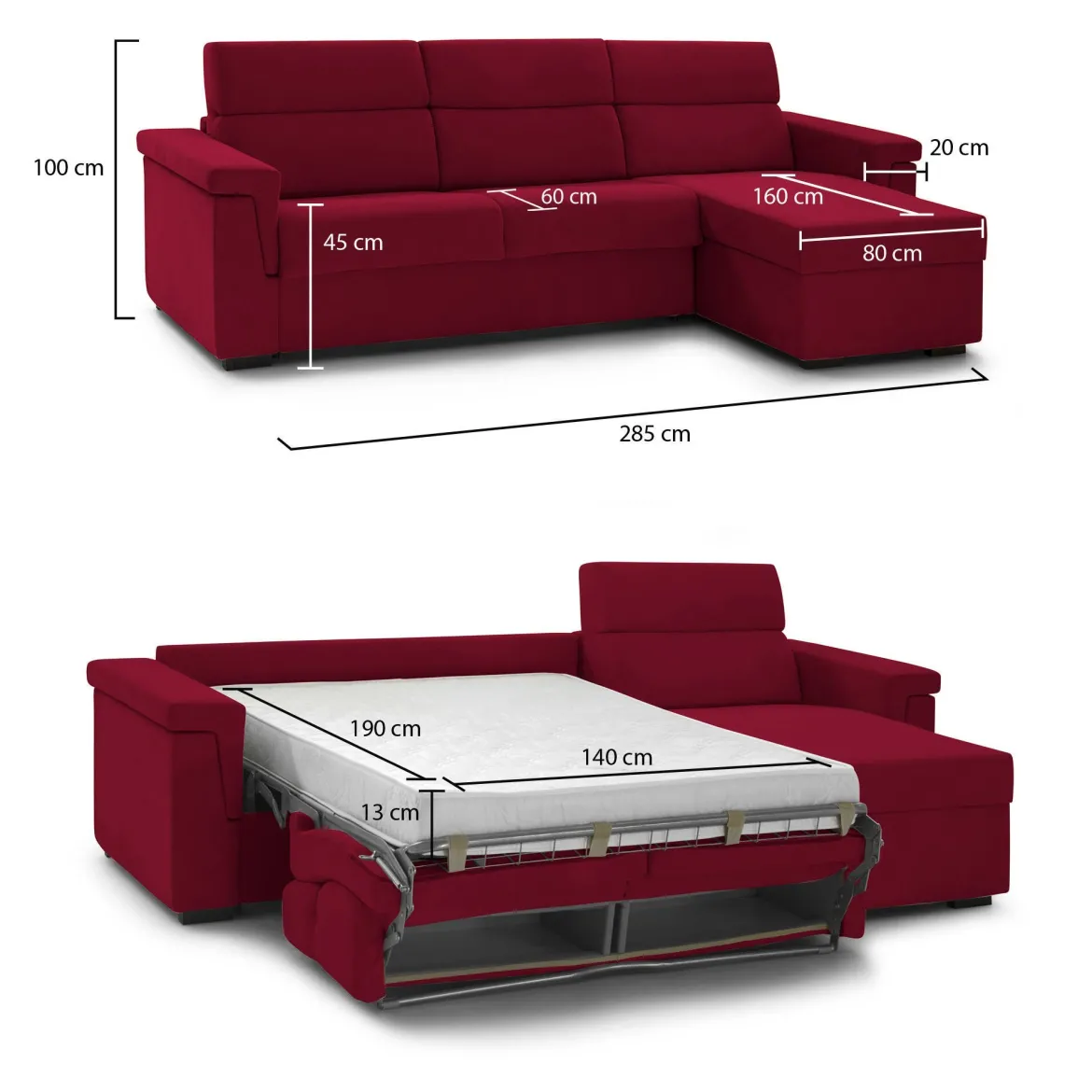 Divano Letto con Penisola Rosso Sfoderabile Contenitore 285x160 cm, Idrorepellente Multiposizione Trasformabile in Letto Made in Italy - Esca