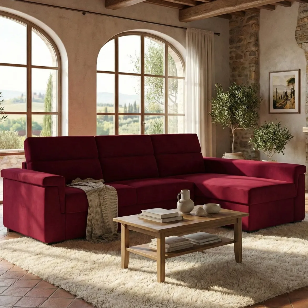 Divano Letto con Penisola Rosso Sfoderabile Contenitore 285x160 cm, Idrorepellente Multiposizione Trasformabile in Letto Made in Italy - Esca