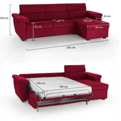 Divano Letto con Penisola Rosso Sfoderabile Contenitore 285x160 cm, Idrorepellente Multiposizione Trasformabile in Letto Made in Italy - Tolle