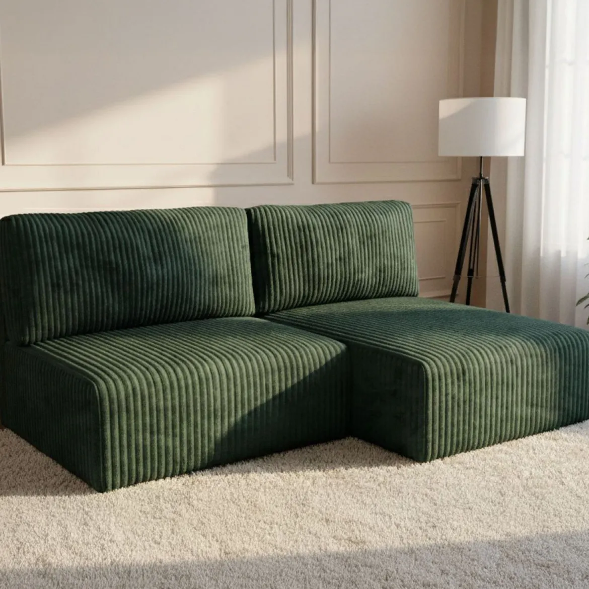 Divano Letto con Penisola Verde Contenitore Cuscini Sfoderabili 210x149 cm, Reclinabile - Pergola