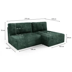 Divano Letto con Penisola Verde Contenitore Cuscini Sfoderabili 210x149 cm, Reclinabile - Pergola