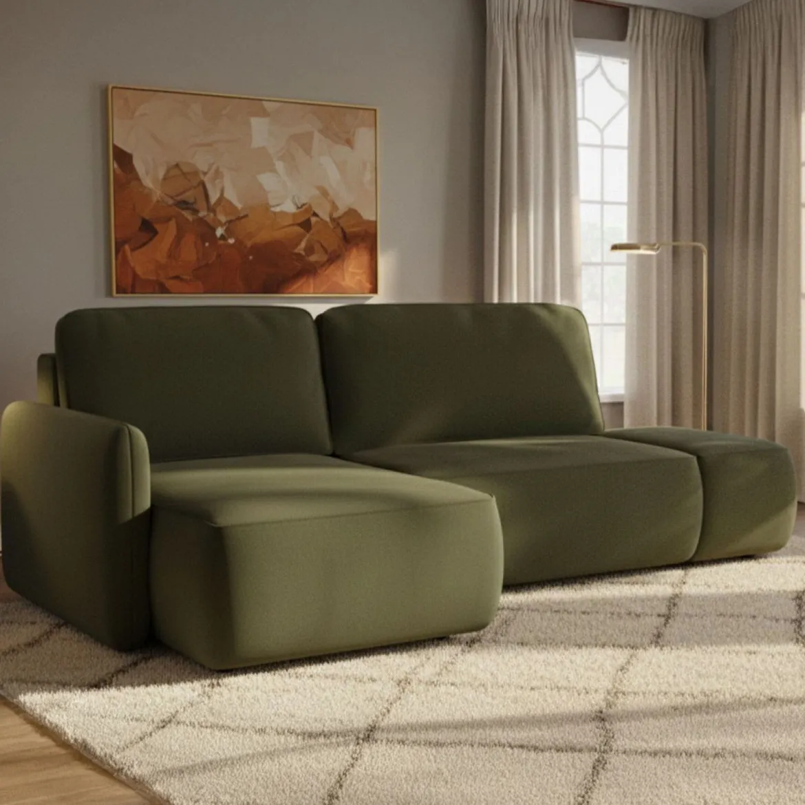 Divano Letto con Penisola Verde Contenitore Reclinabile 268x163 cm, Cuscini Sfoderabili - Folgarida