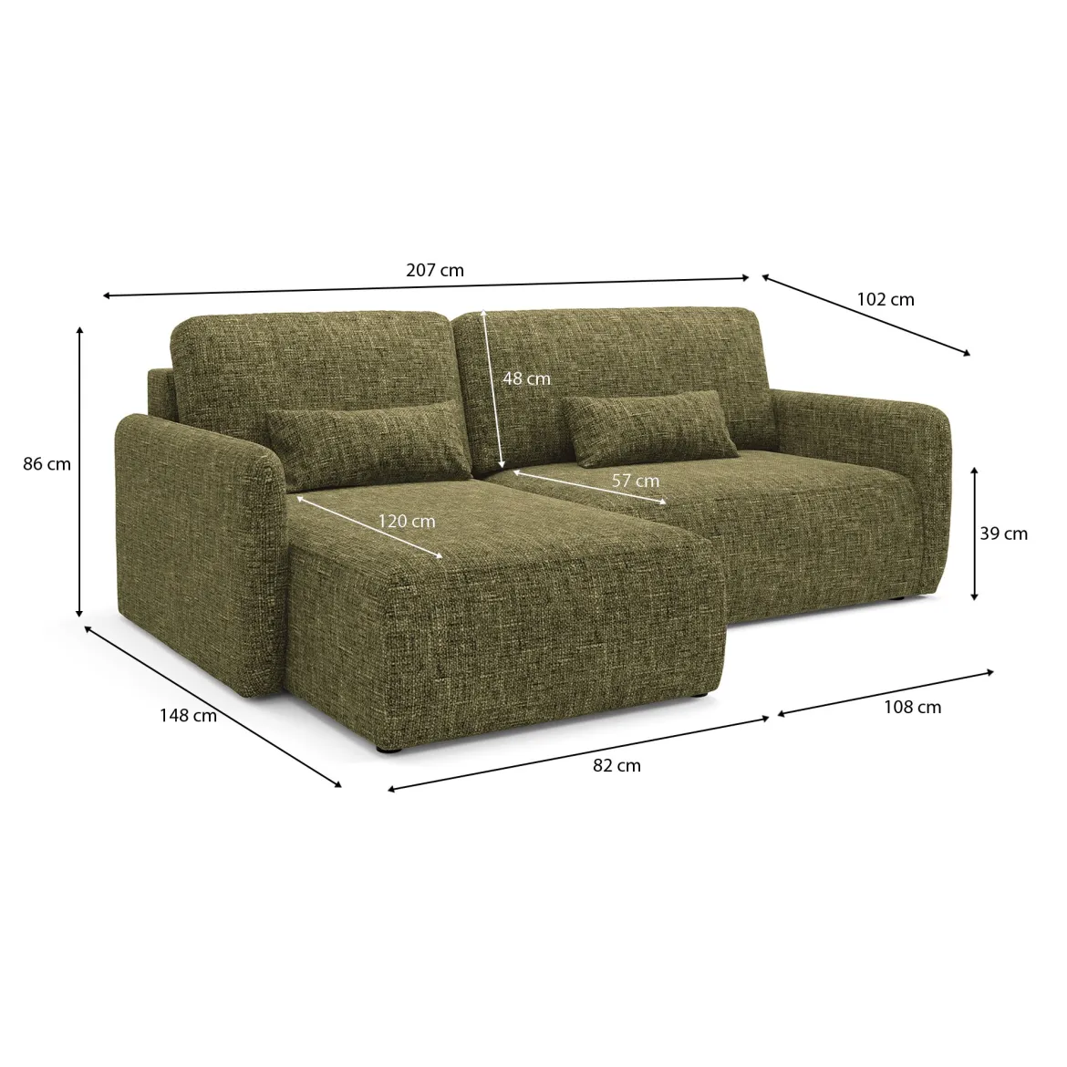 Divano Letto con Penisola Verde Salvia Contenitore Reclinabile 207x148 cm, Reversibile - Pagno