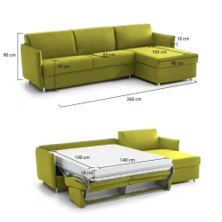 Divano Letto con Penisola Verde Sfoderabile Contenitore 260x160 cm, Idrorepellente Multiposizione Trasformabile in Letto Made in Italy - Sumirago