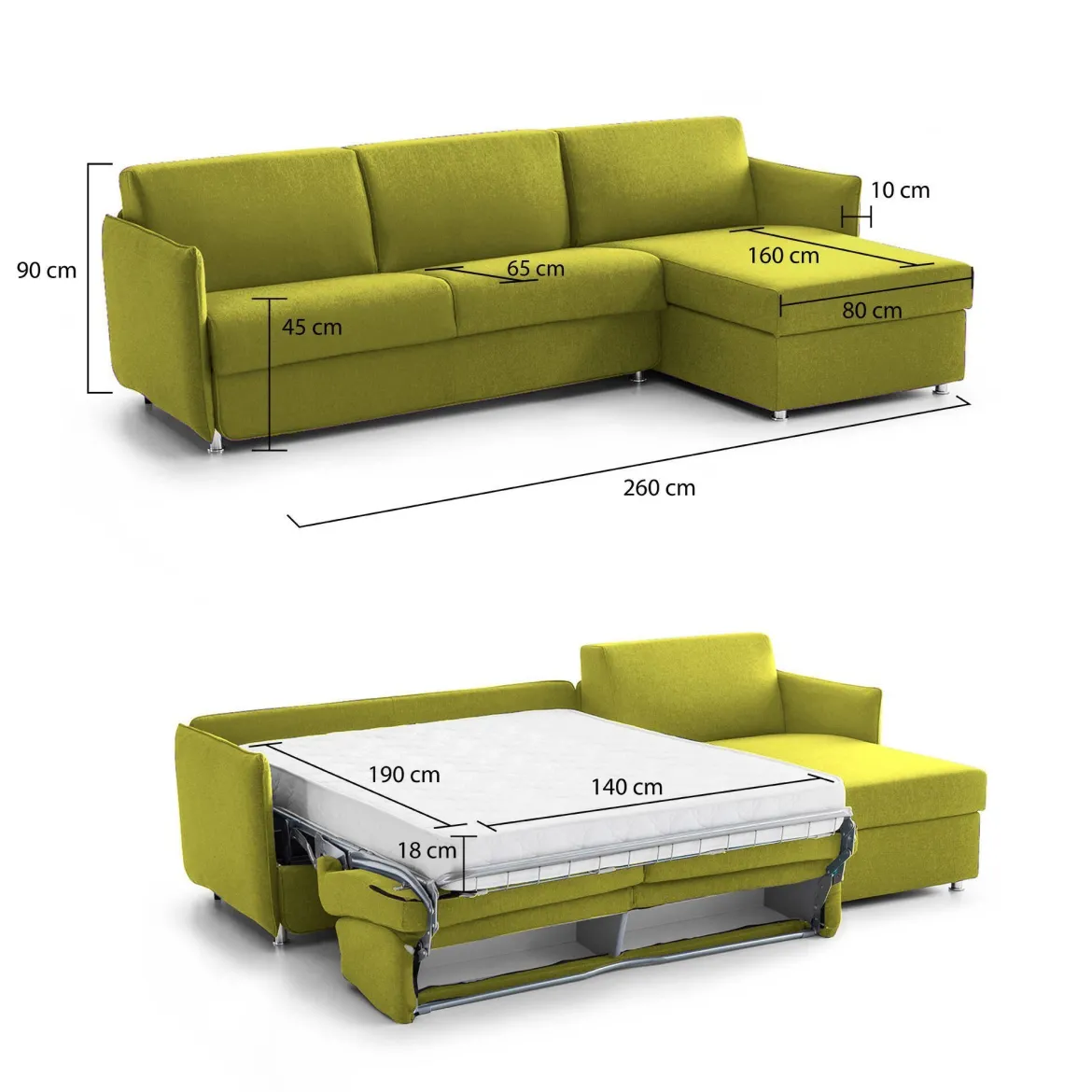 Divano Letto con Penisola Verde Sfoderabile Contenitore 260x160 cm, Idrorepellente Multiposizione Trasformabile in Letto Made in Italy - Sumirago