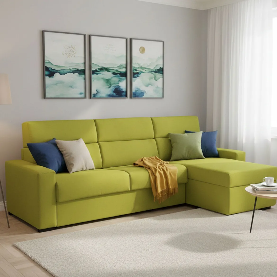 Divano Letto con Penisola Verde Sfoderabile Contenitore 280x160 cm, Idrorepellente Multiposizione Trasformabile in Letto Made in Italy - Pusiano