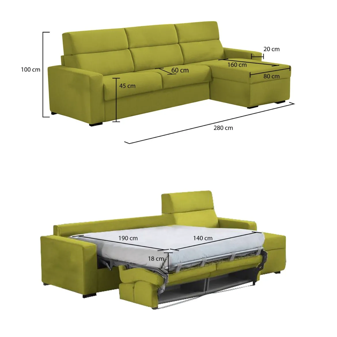 Divano Letto con Penisola Verde Sfoderabile Contenitore 280x160 cm, Idrorepellente Multiposizione Trasformabile in Letto Made in Italy - Pusiano