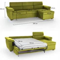 Divano Letto con Penisola Verde Sfoderabile Contenitore 285x160 cm, Idrorepellente Multiposizione Trasformabile in Letto Made in Italy - Tolle