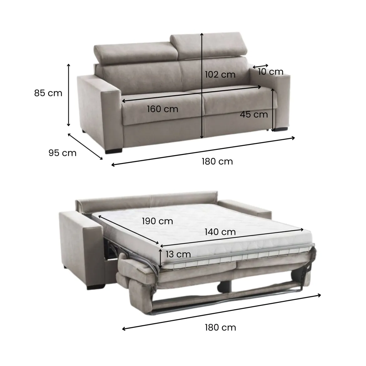 Divano letto in tessuto tortora 180x95cm - Aieie
