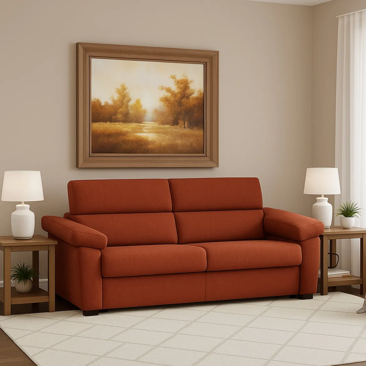 Divano Letto 2 Posti Arancione Sfoderabile Contenitore 205x95 cm, di Apertura a Ribalta Made in Italy - Fisciano