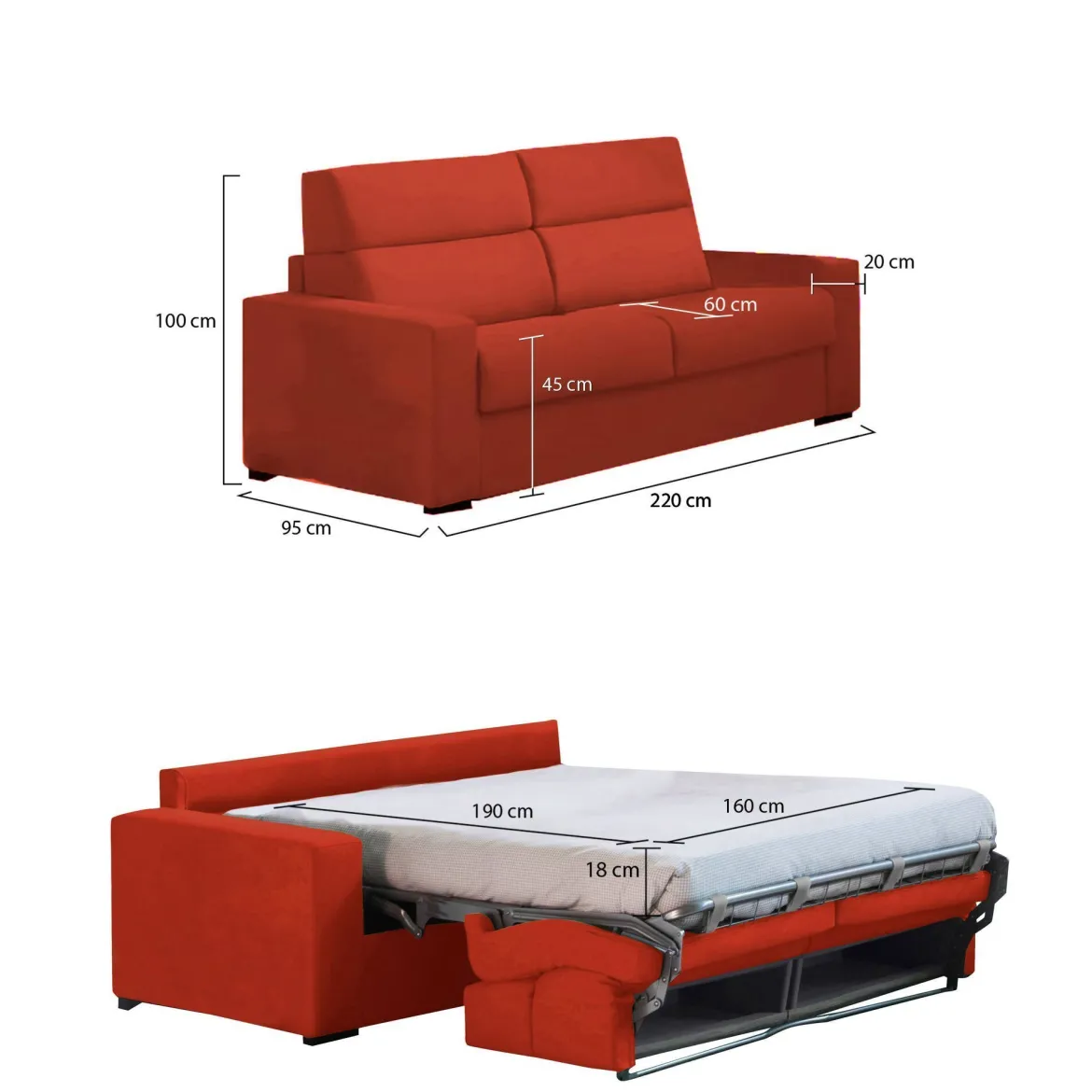 Divano Letto 3 Posti Arancione Sfoderabile Contenitore 220x95 cm, Lavabile Made in Italy - Quindici