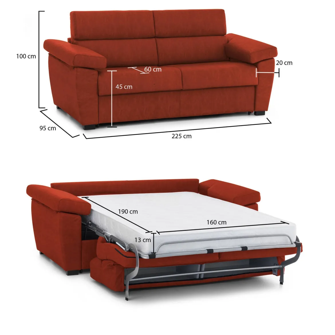 Divano Letto 3 Posti Arancione Sfoderabile Lavabile 205x86 cm, Idrorepellente Letto Estraibile Made in Italy - Avellana