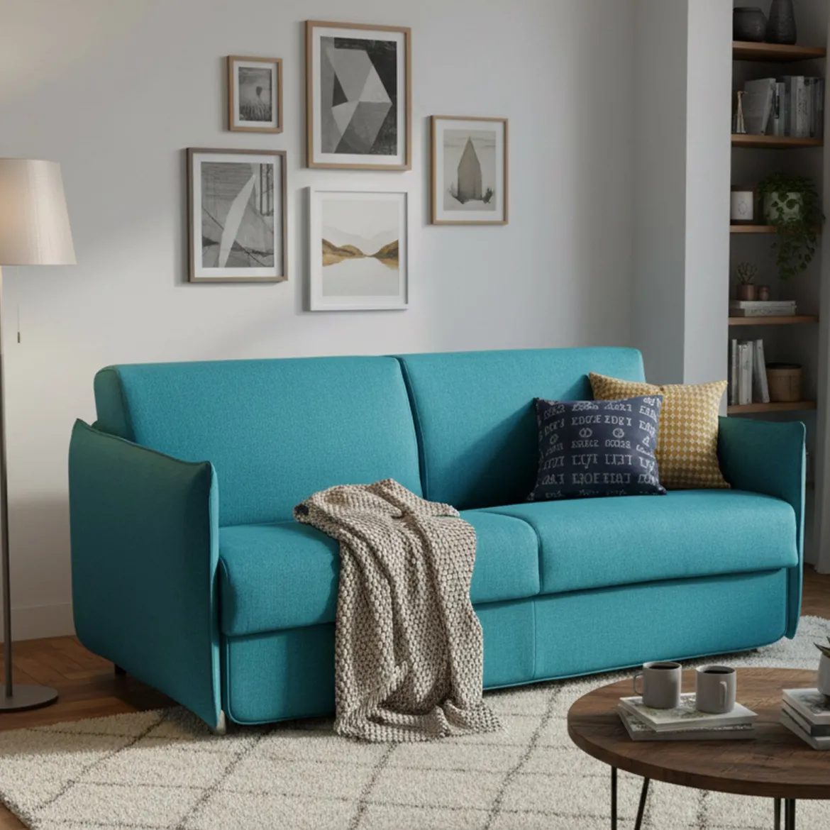 Divano Letto 2 Posti Azzurro Sfoderabile Contenitore 160x95 cm, di Apertura a Ribalta Made in Italy - Follina