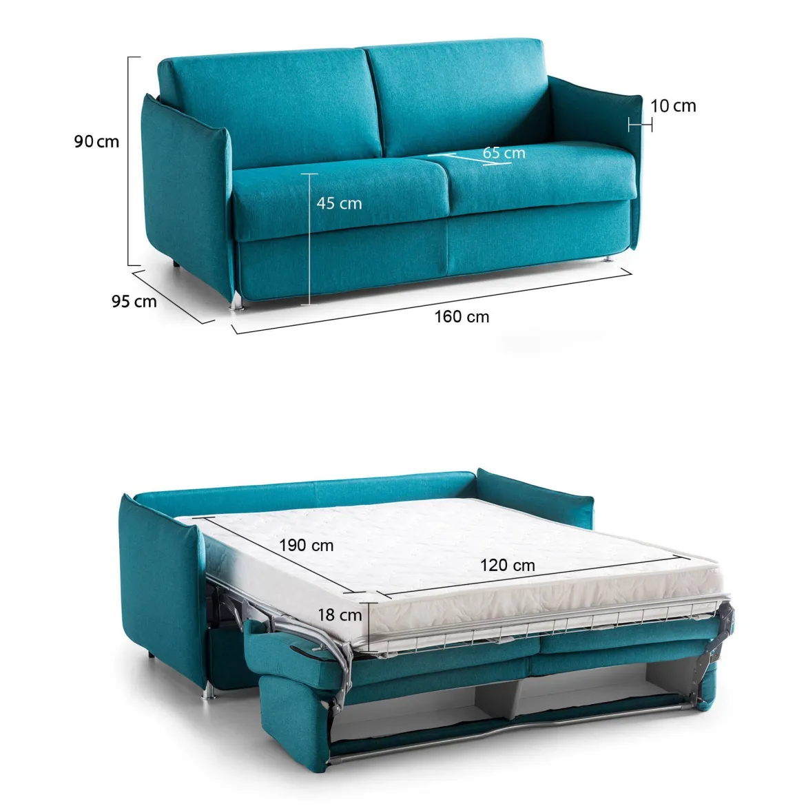 Divano Letto 2 Posti Azzurro Sfoderabile Contenitore 160x95 cm, di Apertura a Ribalta Made in Italy - Follina