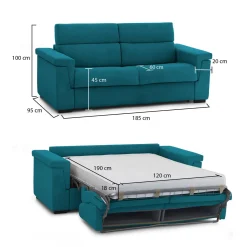 Divano Letto 2 Posti Azzurro Sfoderabile Contenitore 185x95 cm, di Apertura a Ribalta Made in Italy - Rigolato