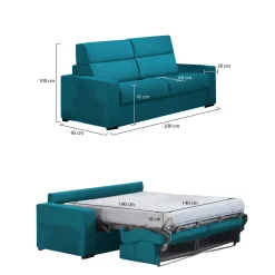 Divano Letto 2 Posti Azzurro Sfoderabile Contenitore 200x95 cm, di Apertura a Ribalta Made in Italy - Ecate
