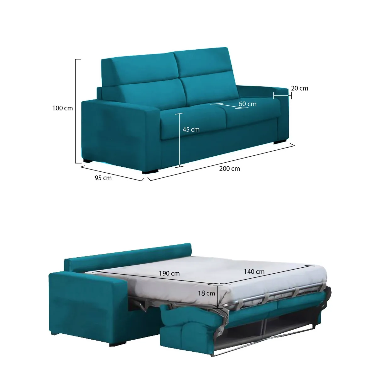 Divano Letto 2 Posti Azzurro Sfoderabile Contenitore 200x95 cm, di Apertura a Ribalta Made in Italy - Ecate
