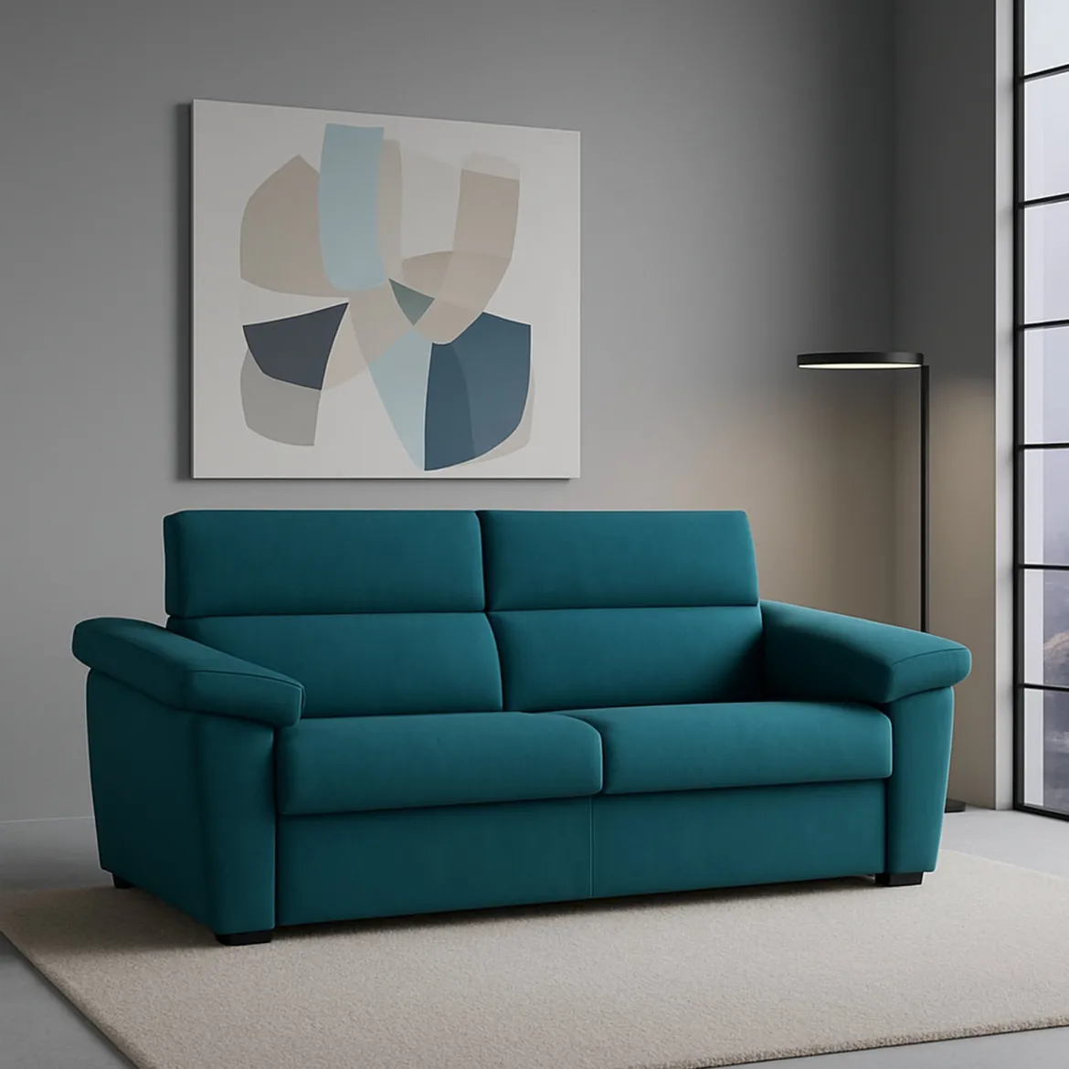 Divano Letto 2 Posti Azzurro Sfoderabile Contenitore 205x95 cm, di Apertura a Ribalta Made in Italy - Fisciano