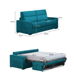 Divano Letto 3 Posti Azzurro Sfoderabile Contenitore 220x95 cm, Lavabile Made in Italy - Marcon