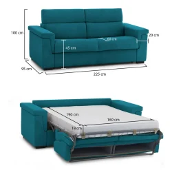 Divano Letto 3 Posti Azzurro Sfoderabile Contenitore 225x95 cm, Lavabile Made in Italy - Benedetto