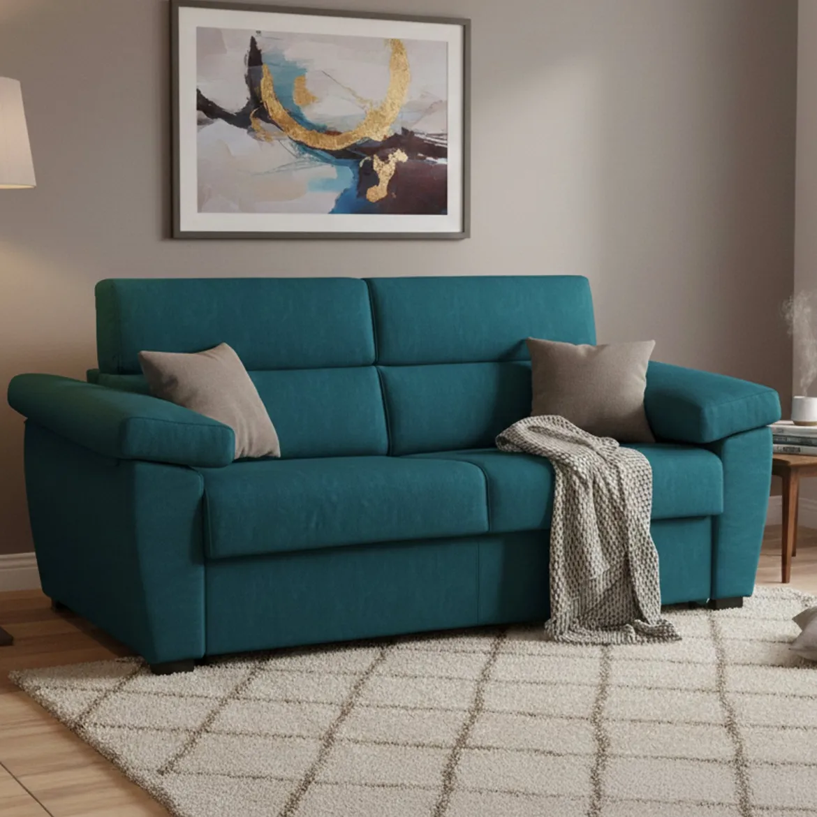 Divano Letto 3 Posti Azzurro Sfoderabile Contenitore 225x95 cm, Lavabile Made in Italy - Trino