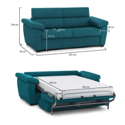 Divano Letto 3 Posti Azzurro Sfoderabile Contenitore 225x95 cm, Lavabile Made in Italy - Trino