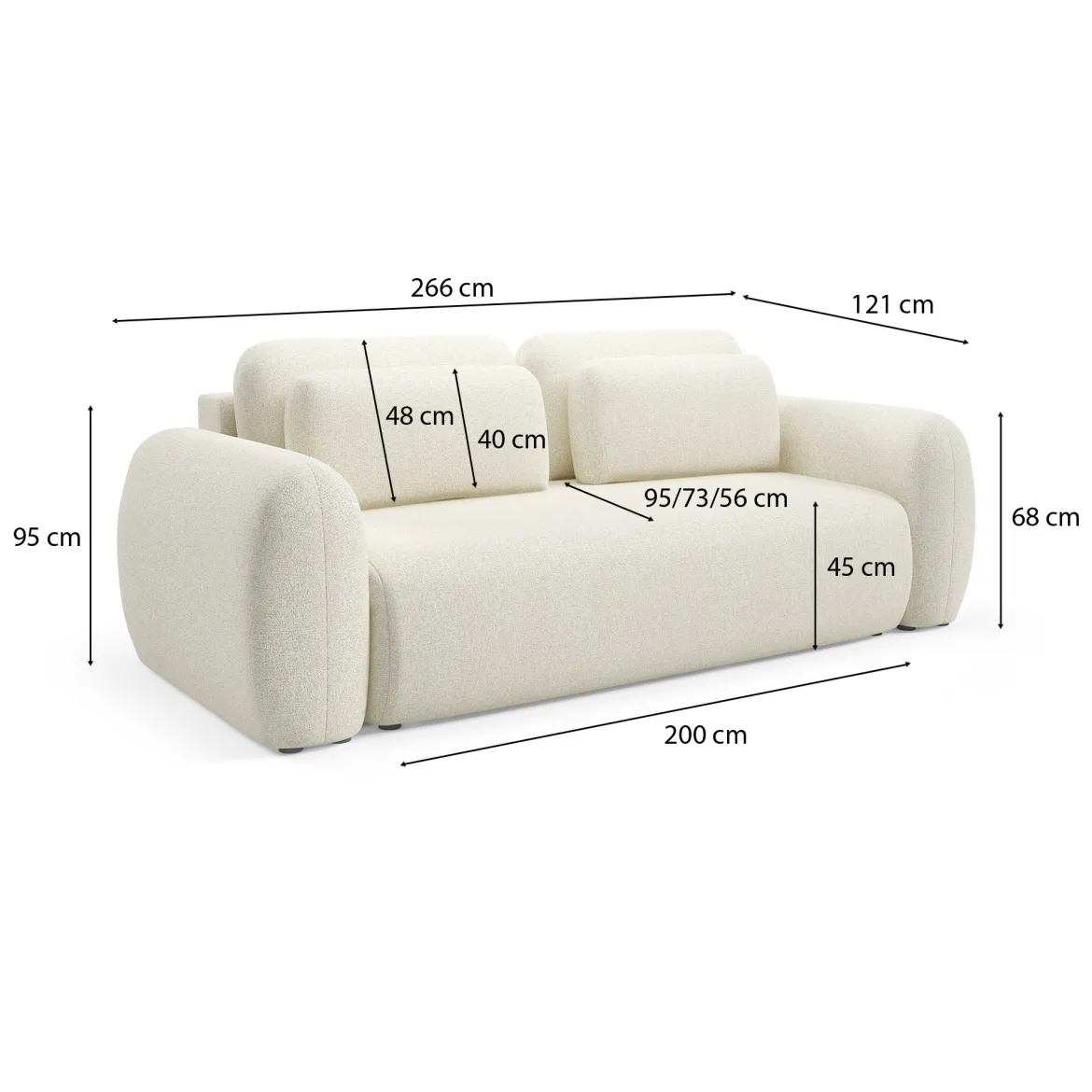 Divano Letto 3 Posti Bianco Crema Contenitore di Apertura a Libro 266x121 cm, Reclinabile - Sessame