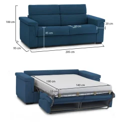 Divano Letto 2 Posti blu Sfoderabile Contenitore 205x95 cm, di Apertura a Ribalta Made in Italy - Brusasco
