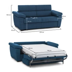 Divano Letto 3 Posti blu Sfoderabile Lavabile 205x86 cm, Idrorepellente Letto Estraibile Materasso Incluso Rete a Doghe Made in Italy - Avellana
