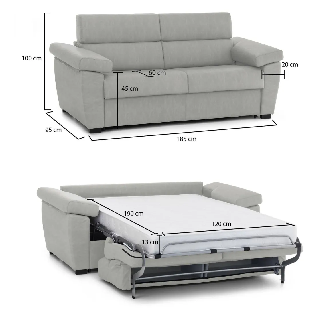 Divano Letto 2 Posti Grigio Chiaro Sfoderabile Contenitore 185x95 cm, di Apertura a Ribalta Made in Italy - Seui