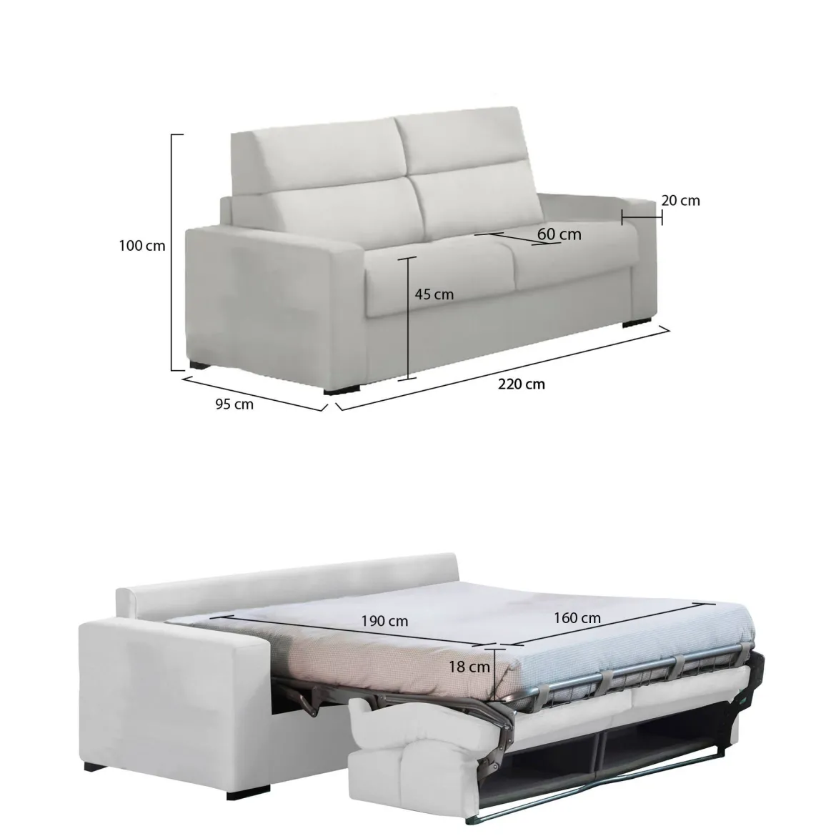 Divano Letto 3 Posti Grigio Chiaro Sfoderabile Contenitore 220x95 cm, Lavabile Made in Italy - Quindici