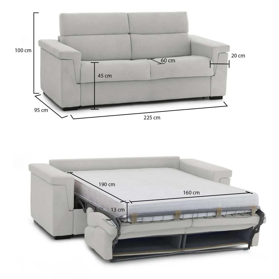 Divano Letto 3 Posti Grigio Chiaro Sfoderabile Contenitore 225x95 cm, Lavabile Made in Italy - Pacecos