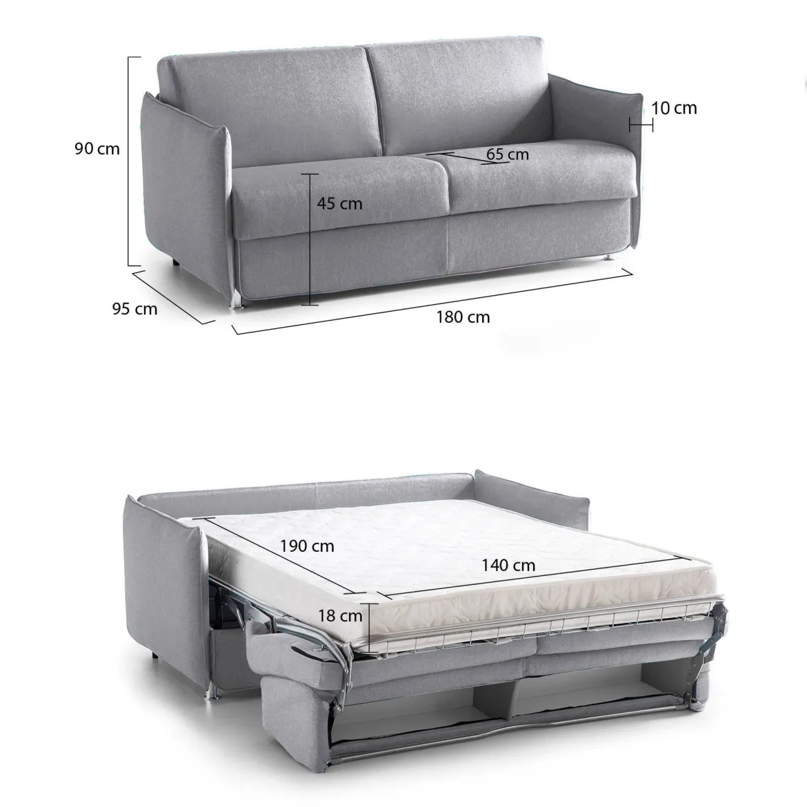 Divano Letto 2 Posti Grigio Sfoderabile Contenitore 180x95 cm, di Apertura a Ribalta Made in Italy - Trovo