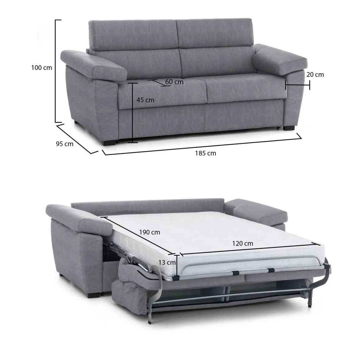 Divano Letto 2 Posti Grigio Sfoderabile Contenitore 185x95 cm, di Apertura a Ribalta Made in Italy - Seui