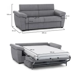 Divano Letto 2 Posti Grigio Sfoderabile Contenitore 205x95 cm, di Apertura a Ribalta Made in Italy - Contrada