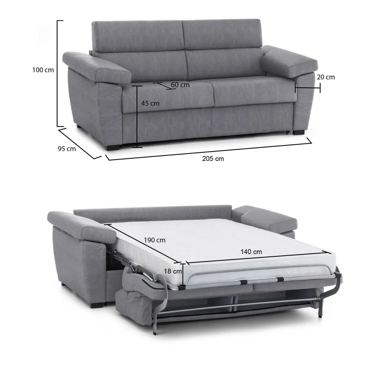 Divano Letto 2 Posti Grigio Sfoderabile Contenitore 205x95 cm, di Apertura a Ribalta Made in Italy - Contrada