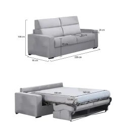 Divano Letto 3 Posti Grigio Sfoderabile Contenitore 220x95 cm, Lavabile Made in Italy - Quindici