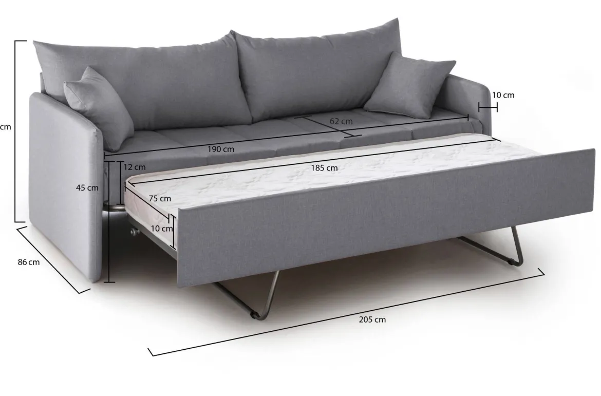 Divano Letto 3 Posti Grigio Sfoderabile Lavabile 205x86 cm, Letto Estraibile Materasso Incluso Made in Italy - Avellana