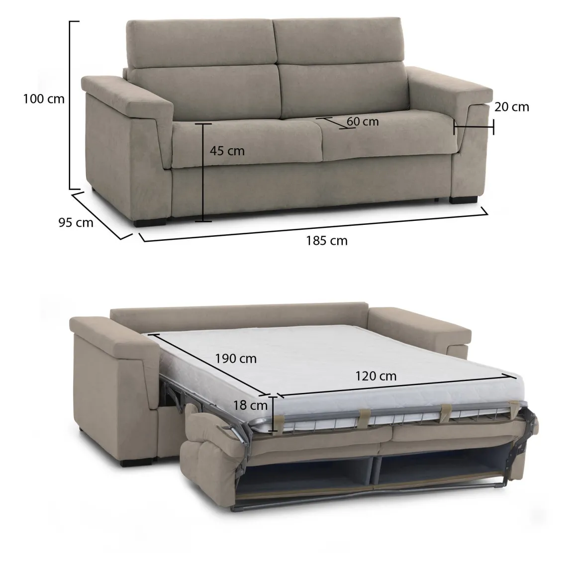 Divano Letto 2 Posti Grigio Tortora Sfoderabile Contenitore 185x95 cm, di Apertura a Ribalta Made in Italy - Salorno