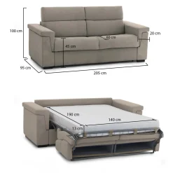 Divano Letto 2 Posti Grigio Tortora Sfoderabile Contenitore 205x95 cm, di Apertura a Ribalta Made in Italy - Brusasco