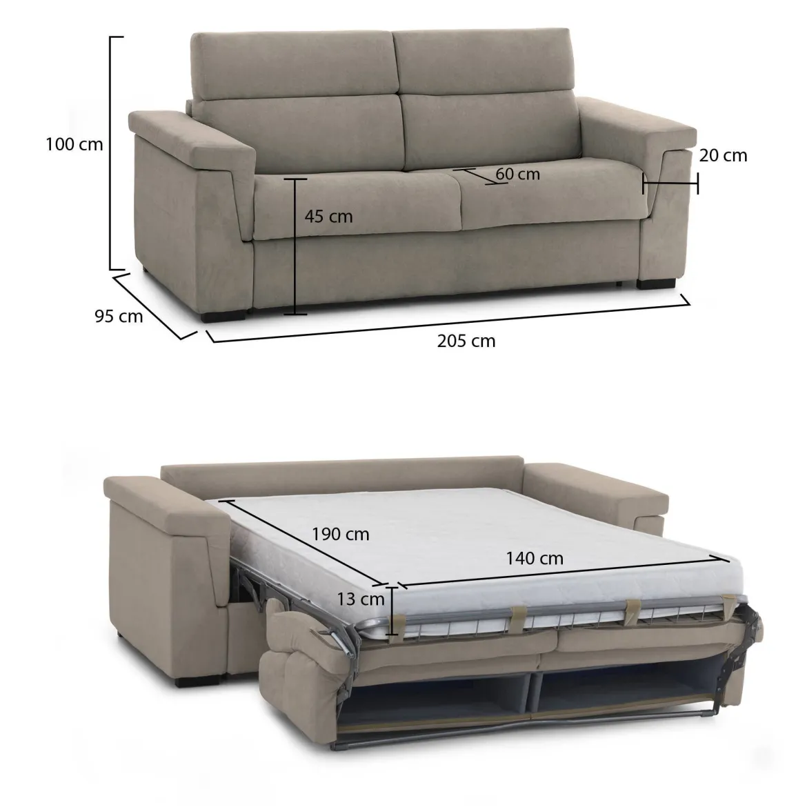 Divano Letto 2 Posti Grigio Tortora Sfoderabile Contenitore 205x95 cm, di Apertura a Ribalta Made in Italy - Brusasco