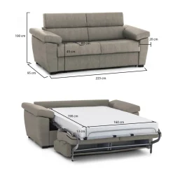 Divano Letto 3 Posti Grigio Tortora Sfoderabile Contenitore 225x95 cm, Lavabile Made in Italy - Trino