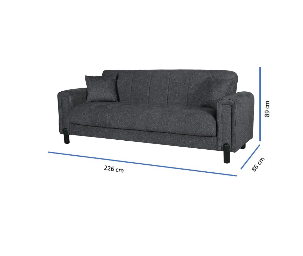 Divano Letto 3 Posti Nero Antracite Contenitore 226x86 cm, Lavabile - Papozze
