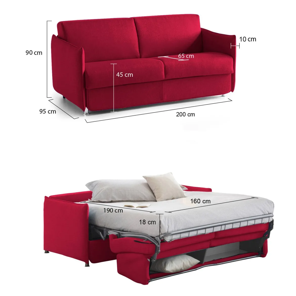 Divano Letto 3 Posti Rosso Sfoderabile Contenitore 200x95 cm, Lavabile Made in Italy - Gravere