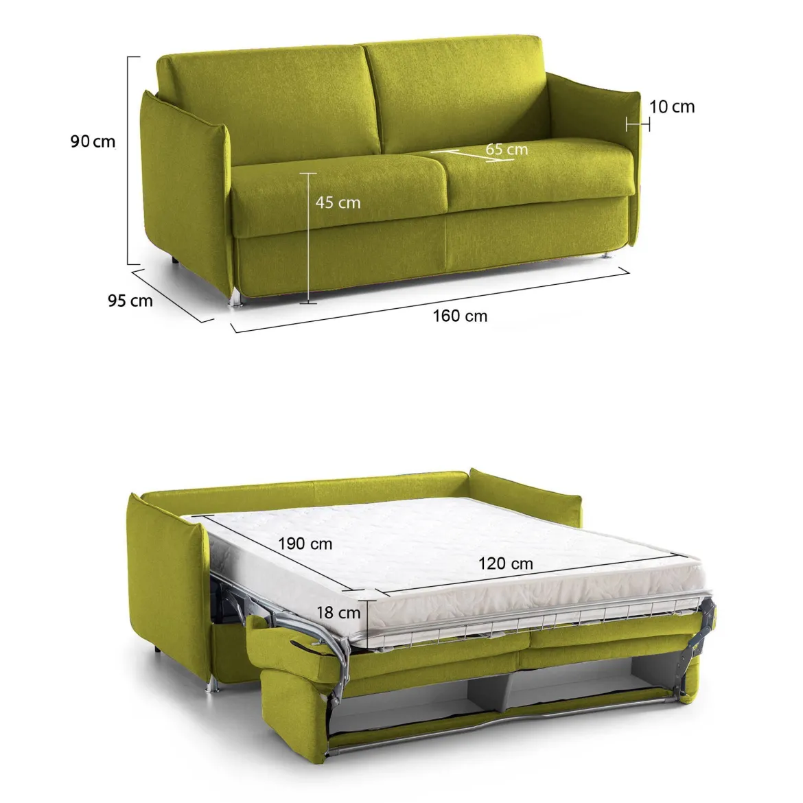 Divano Letto 2 Posti Verde Sfoderabile Contenitore 160x95 cm, di Apertura a Ribalta Made in Italy - Follina