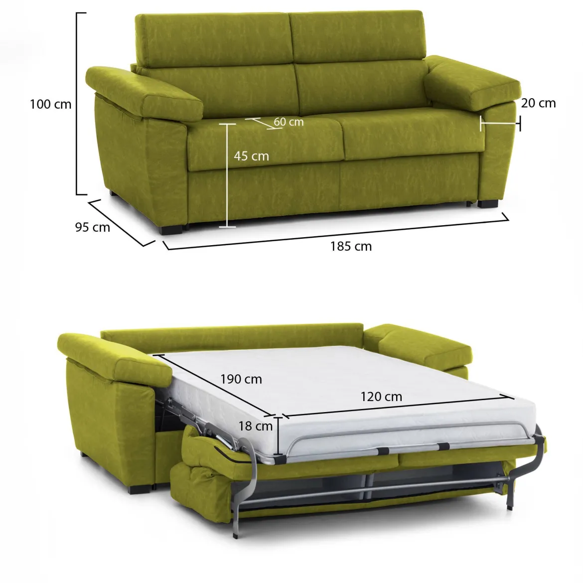 Divano Letto 2 Posti Verde Sfoderabile Contenitore 185x95 cm, di Apertura a Ribalta Made in Italy - Salorno
