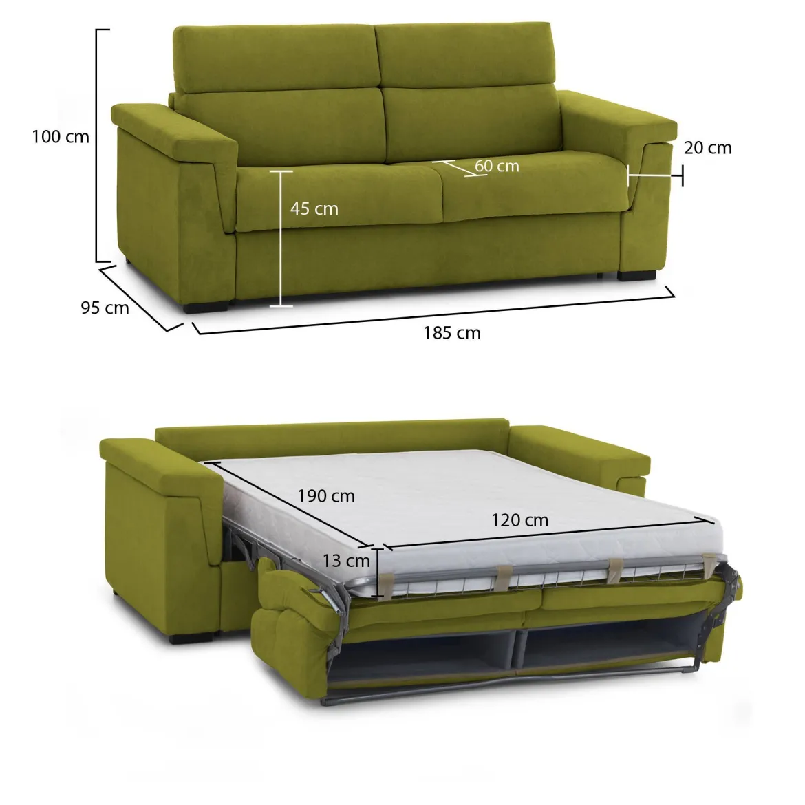 Divano Letto 2 Posti Verde Sfoderabile Contenitore 185x95 cm, di Apertura a Ribalta Made in Italy - Tenna