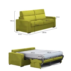 Divano Letto 3 Posti Verde Sfoderabile Contenitore 225x95 cm, Lavabile Made in Italy - Benedetto