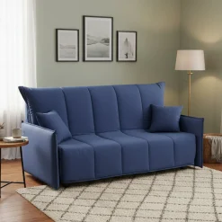 Divano Letto 2 Posti 150x90 cm Blu in Legno Massello Sfoderabile Apertura a Carrello Made in Italy Materasso 10cm Rete Elettrosaldata – Alaric